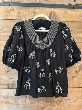THML Black Blouse with White Horse Embroidery and Puff Sleeves